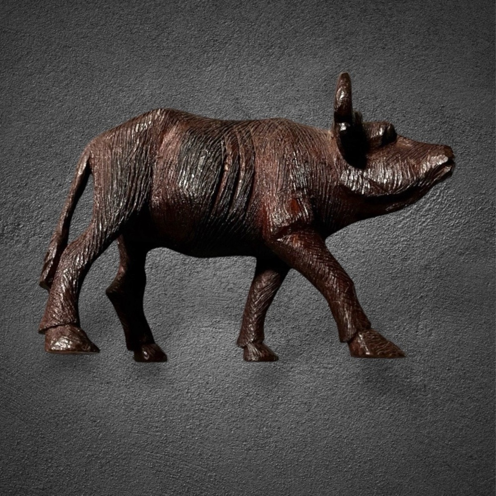 Vintage African Cape Buffalo Namibian Waxed Wood Intricate Solid Hand-Carved